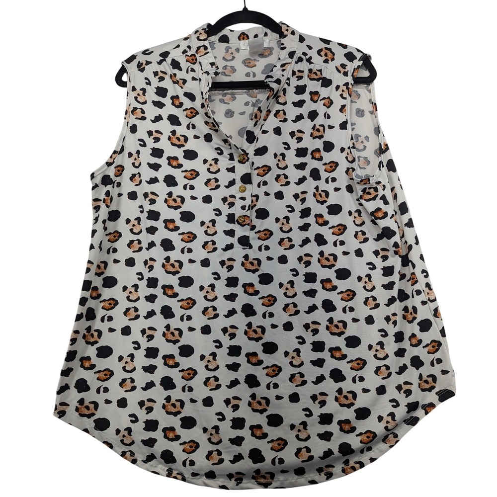 Chandly Womens Leopard Print Sleeveless Henley Blouse White Black‎ Tan 2X